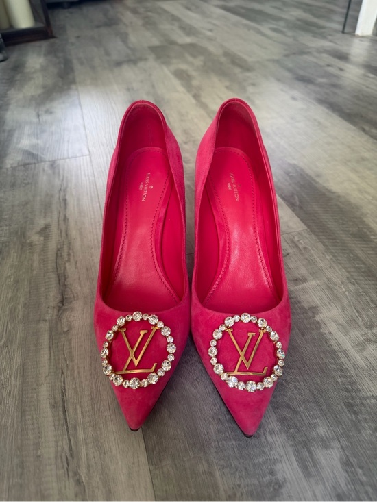 Louis Vuitton Shoes - Louis Vuitton Pink Suede Pointed-Toe Heels with Crystal LV Emblem